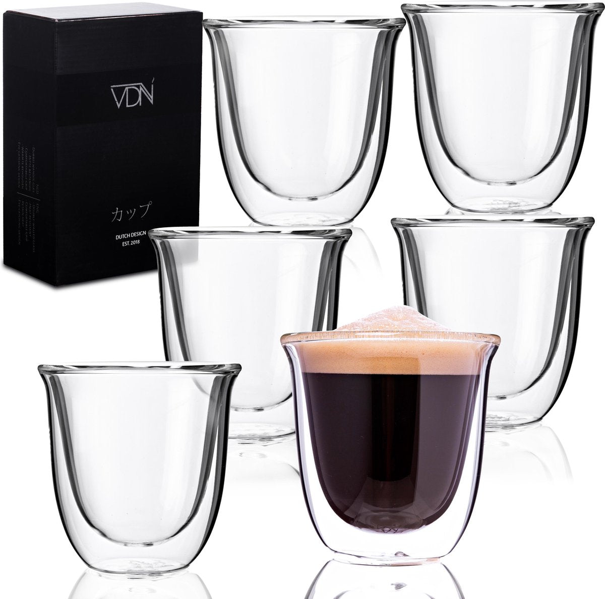 Dubbelwandige ESPRESSO glazen van borosilicaat - Warme en koude dranken - 70 ML - Set van 6
