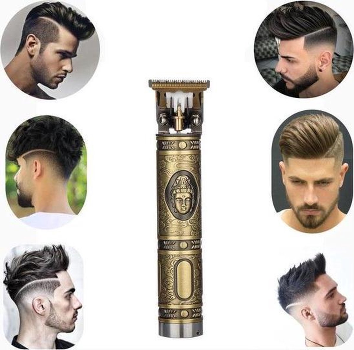 NTRONIC - Luxe Tondeuse - Professionele Trimmer - Boeddha - Groomer - Scheerapparaat - Baardtrimmer - Precisietrimmer - Haarstyling - Haartrimmer - Goudkleurig - Buddha - Draadloos - Inclusief 4 opzetkammen & Olieflesje