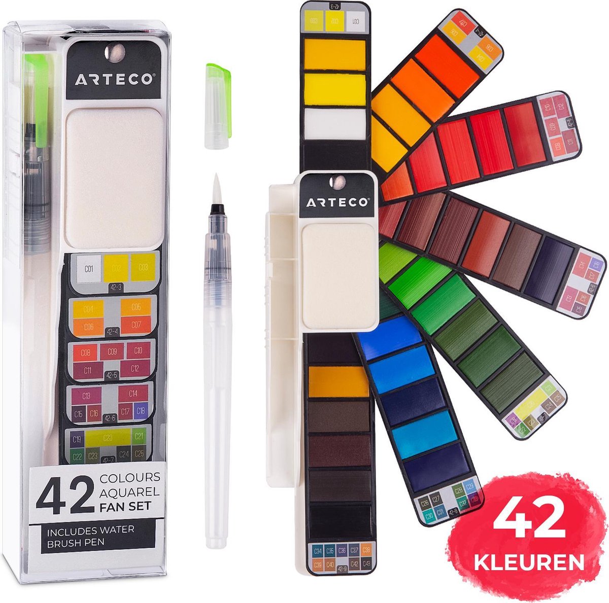 ARTECO® 42 Kleuren Aquarelwaaier - Aquarelverf Set - Brush Pennen - Handlettering - Waterverf - Bullet Journal