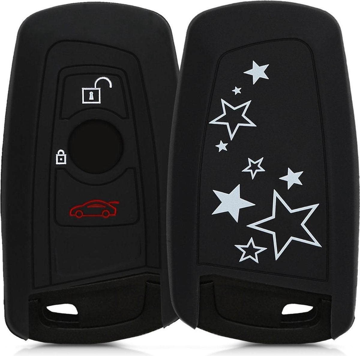 kwmobile autosleutelhoes voor BMW 3-knops draadloze autosleutel (alleen Keyless Go) - Siliconen beschermhoes in wit / zwart - Sterren Mix design