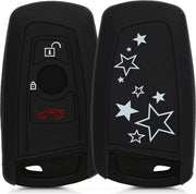 kwmobile autosleutelhoes voor BMW 3-knops draadloze autosleutel (alleen Keyless Go) - Siliconen beschermhoes in wit / zwart - Sterren Mix design