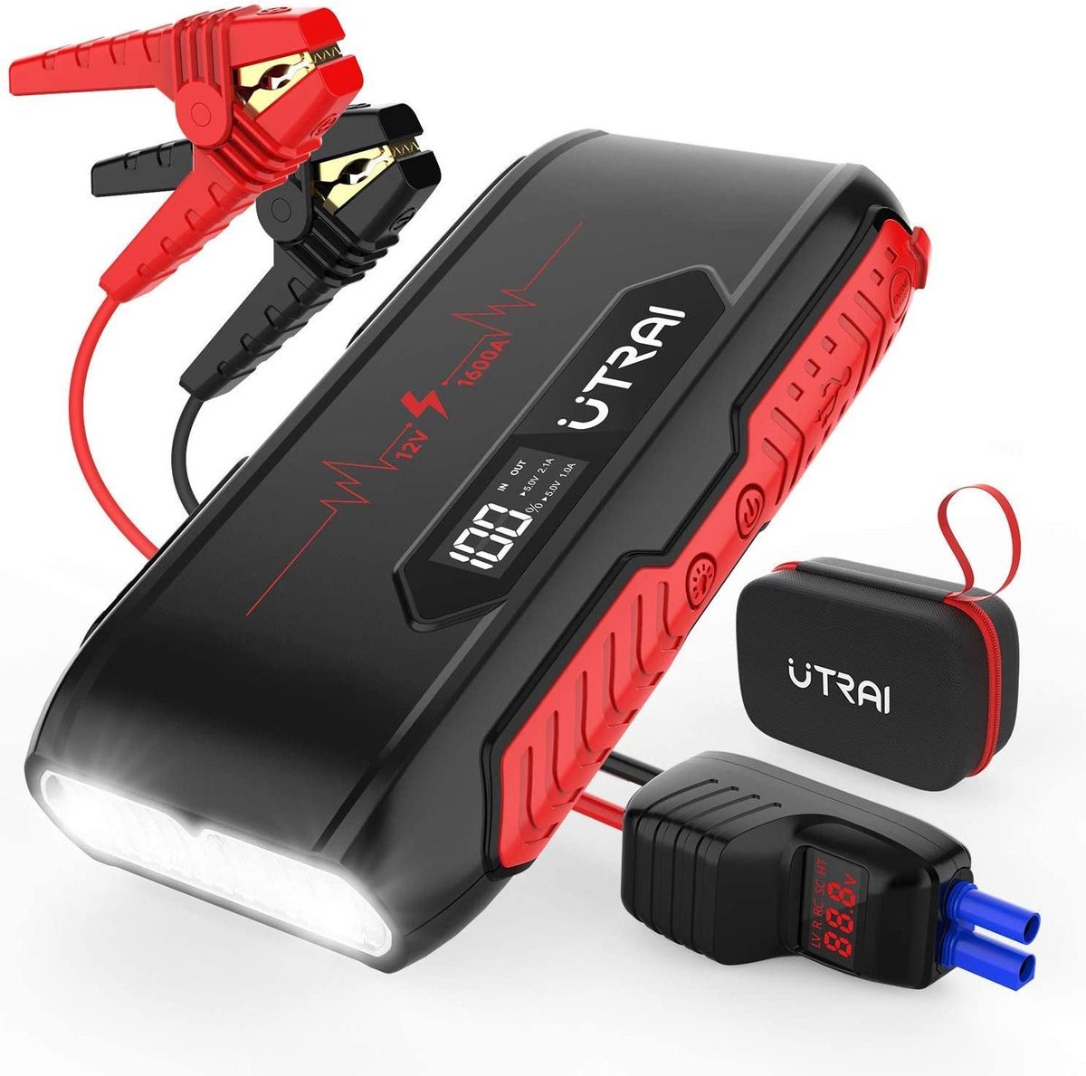 Utrai Auto Jumpstarter 1600A – Jump Starter- Acculater- met LCD scherm– 7L Benzine of 6.5L Diesel – Inclusief opbergtas  – Zwart/Rood Powerbank
