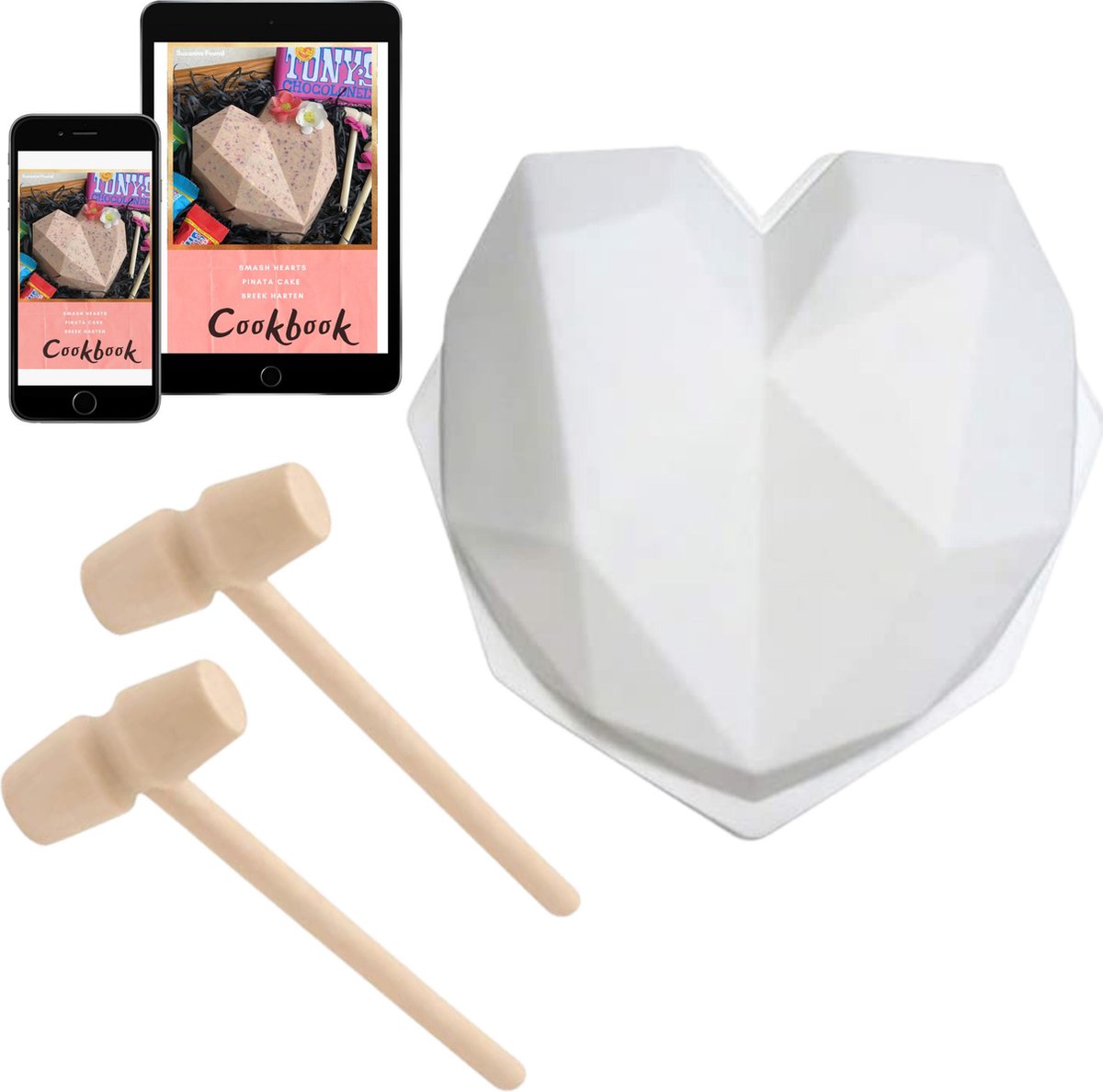 Siliconen Vorm voor Chocolade Hart met 2 Hamers - Incl. Digitaal Kookboekje - Smash Heart - Hartvormige Mal -  TikTok Famous - Valentijns hart