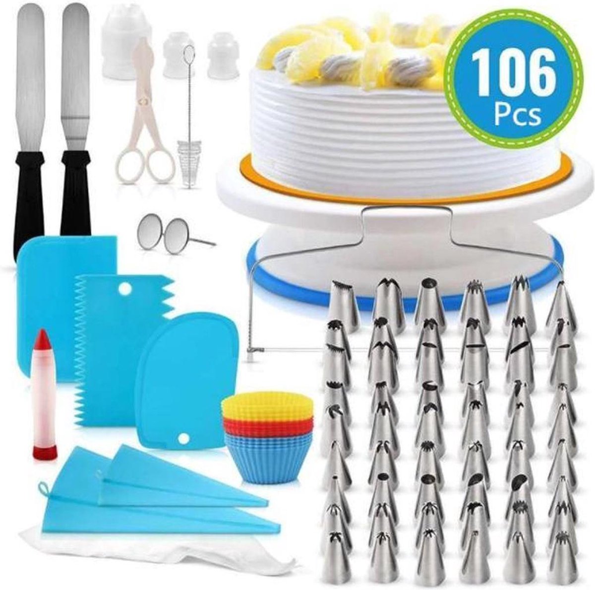 BOTC 106st Taart Maken Decoratie Set - Luxe Cake Decoratie Met Taart Draaiplatau inc. 20 spuitmondjes en opzetstukjes - RVS - Bloemen