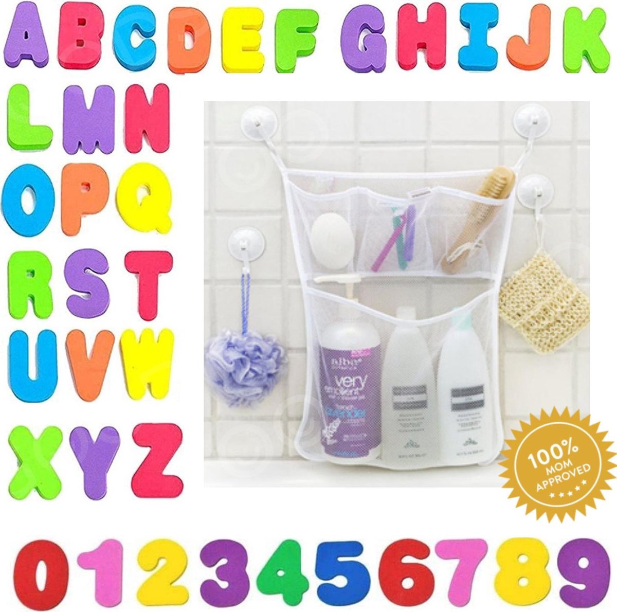 WithGoods® multifunctionele witte badspeelgoed opberg tas – Bath toy organizer – Speelgoed zak – Badspeelgoed opbergen – Inclusief 36 letters & cijfers – Waterspeelset – Speelgoed voor in bad – Badspeeltjes