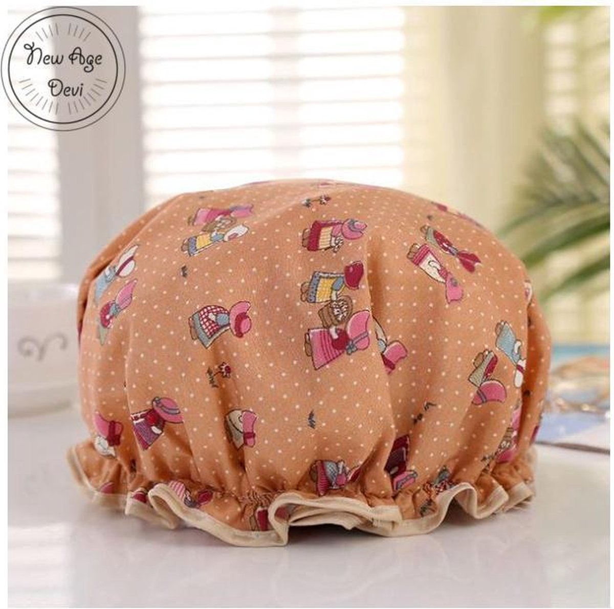 New Age Devi - Dikke 1 Stuks Douche muts - Shower Cap - Oranje met Poppetjes - Waterdicht - BadMuts - Dubbele Laag - Haar Cover - Haar Bedekking - Vrouwen DoucheCap - Badkamer Accesoire