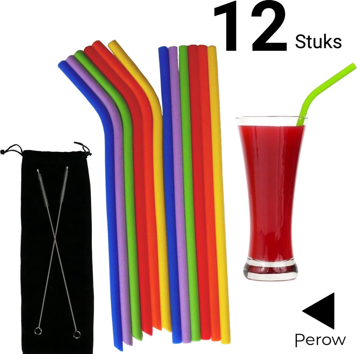 Perow Siliconen Rietjes met Opbergzakje - Herbruikbare siliconen rietjes - duurzame herbruikbaar siliconen rietje - drinkrietjes set 12 stuks incl. 2 schoonmaak borstels