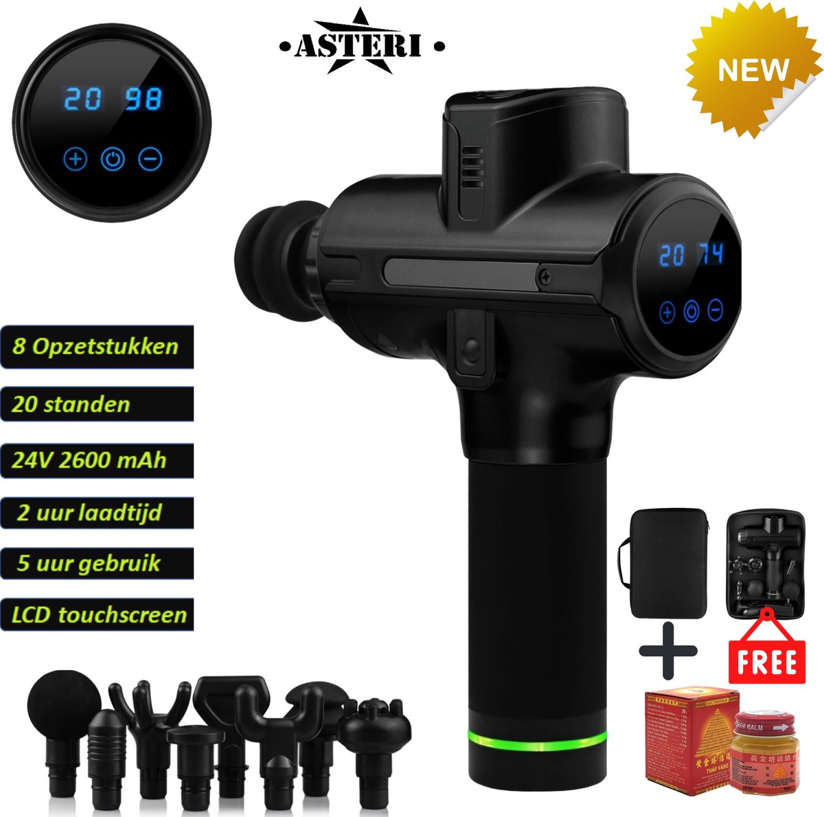 ASTERI® - Zwarte Massagegun met 20 Verschillende standen |8 Verschillende opzetstukken |24v 2600 mAh |  Lichaamsmassage | Been Massage | Nek Massage | Rug Massage |Met 25g tijgerbalsem