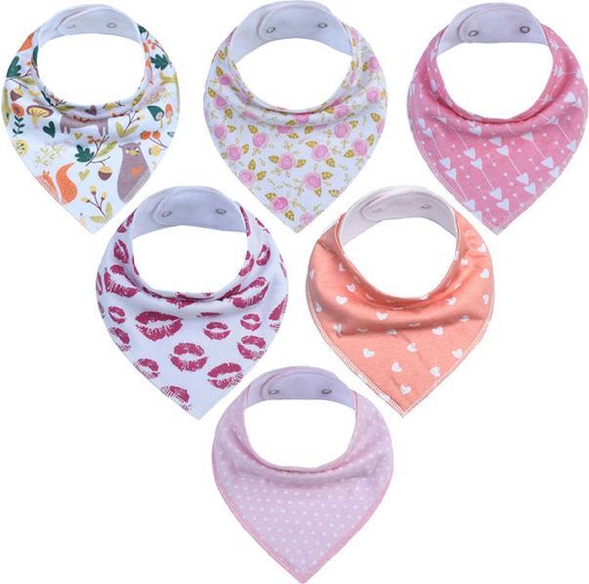 JillyBee - Slab - Slabbetje - Slabber - Bandana - 6pack - Hartjes - Bloemen - Dieren - Kusjes - Roze - Wit