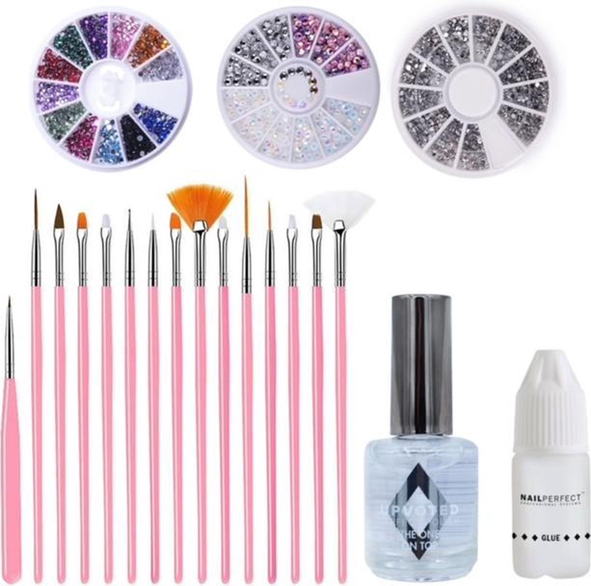 GUAPÀ Nail Art Penselen en Rhinestones Glitter Set Met 3D Strass Glitter Steentjes - 20 Delige Nagel Decoratie Set inclusief Nagellijm en Top Coat