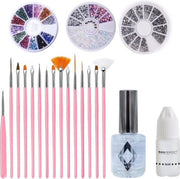 GUAPÀ Nail Art Penselen en Rhinestones Glitter Set Met 3D Strass Glitter Steentjes - 20 Delige Nagel Decoratie Set inclusief Nagellijm en Top Coat