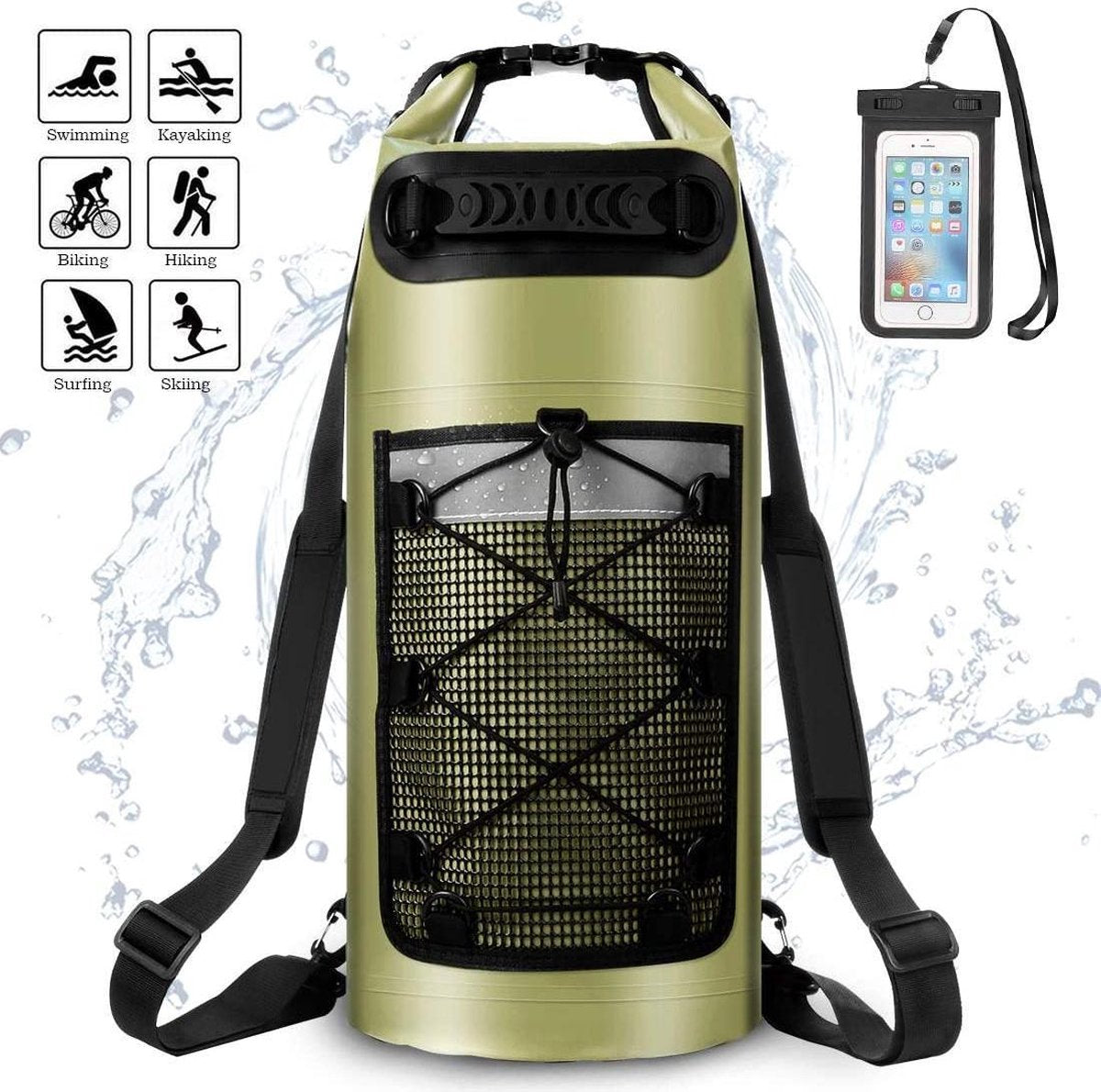 Aleenun - Premium waterdichte groene rugzak/tas - Outdoor drybag - 30 liter - rugzak zeer mooie en stevige kwaliteit - gratis waterdichte telefoonhoes - voor vissen