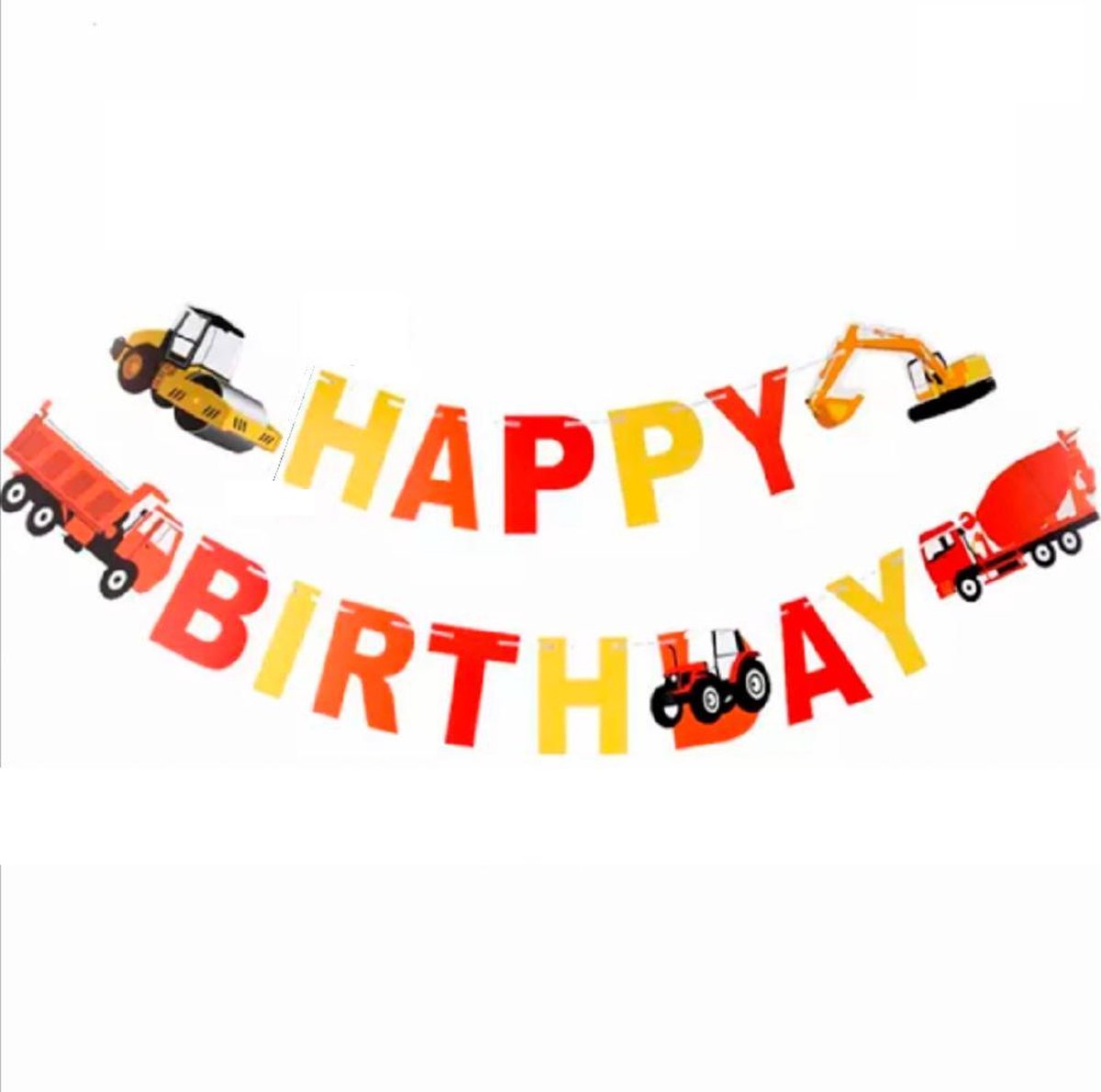 Verjaardagslinger-Betonauto- Graafmachine- Wals- Vrachtauto en Tractor- Kinderfeestje- Jongens