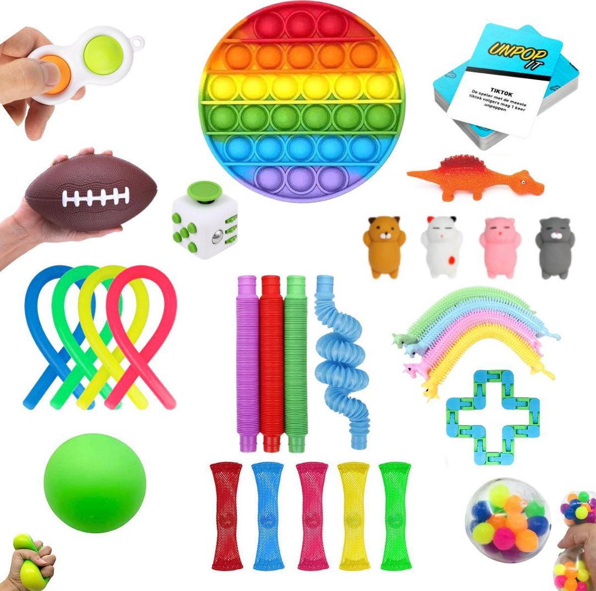 ZTWK© - Fidget toys pakket - 32 stuks - Pop it regenboog - Mochi - Unpop it! - Monkey Noodles