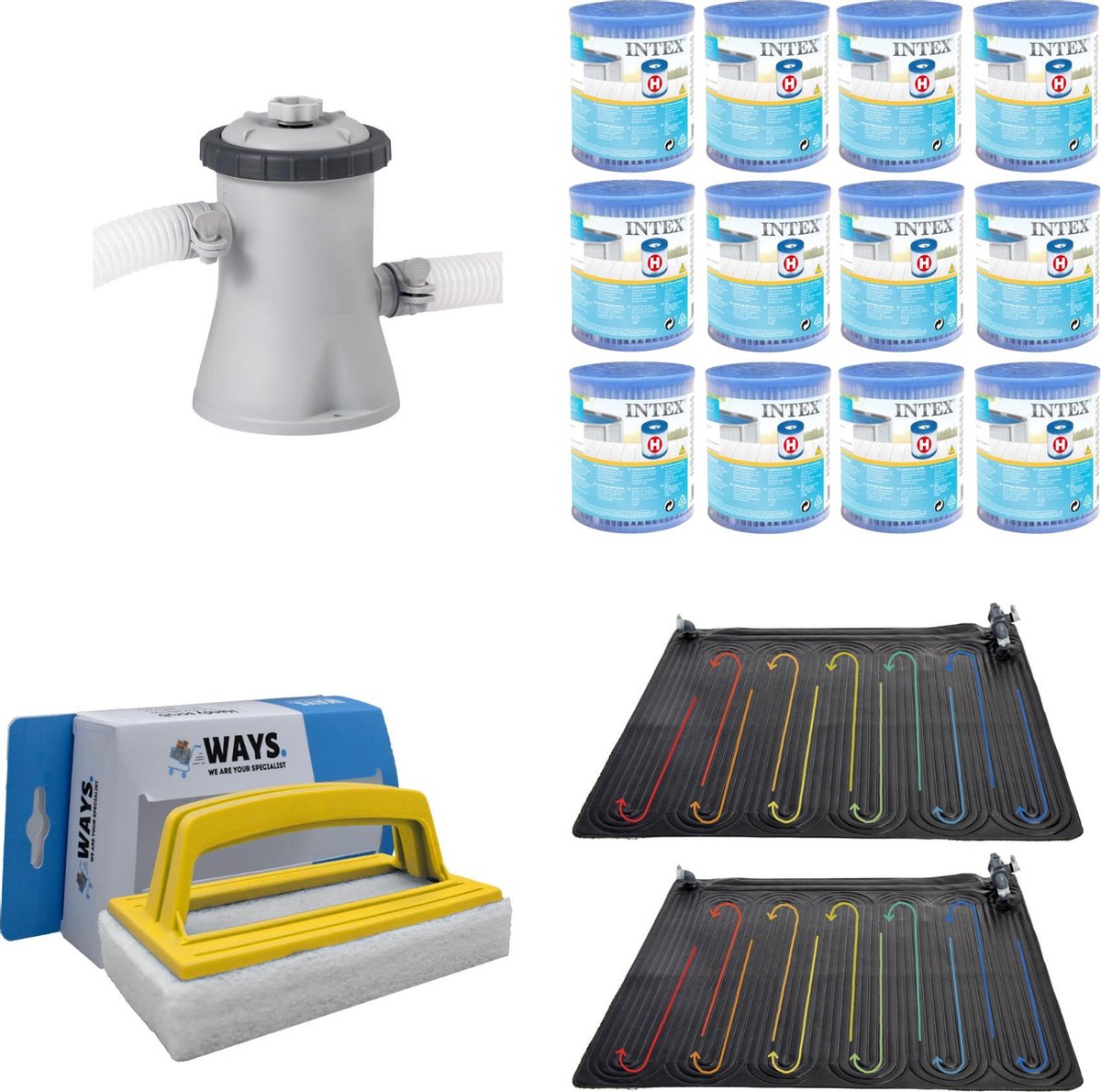 WAYS - Zwembad Onderhoud - Zwembad Verwarming 2 stuks & Intex Filterpomp 28602GS & 12 Intex Filters Type H & WAYS Handy Scrubborstel