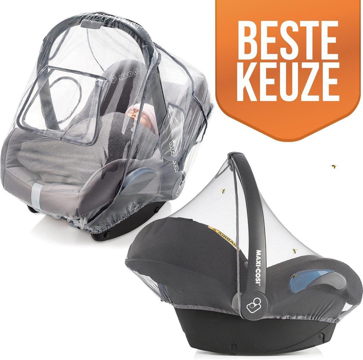 Ted&Tilly - Universele regenhoes en klamboe set - muskietennet (grijs) - all weather pakket - voor baby-autozitjes (bijv. Maxi-Cosi