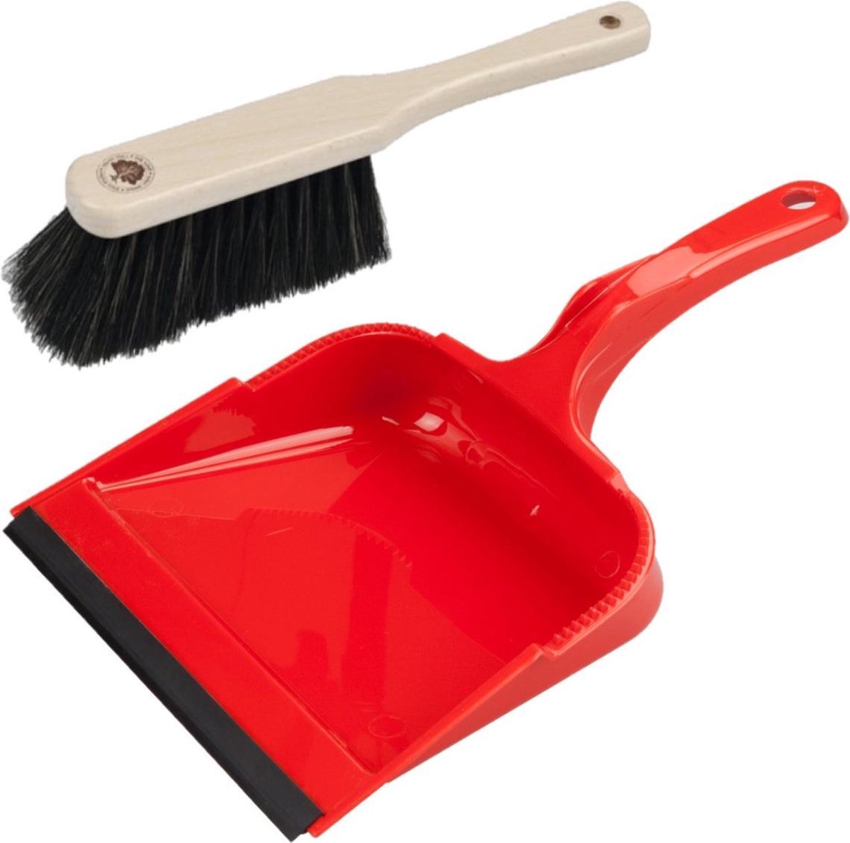 Stoffer en blik rood van kunststof/hout met lip voor binnen - Zachte borstel/handveger
