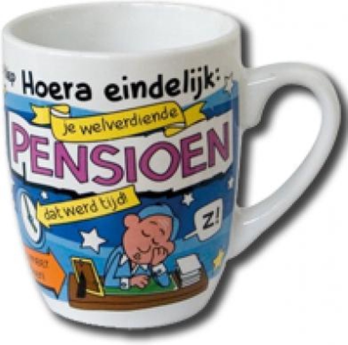 Mok - Cartoon Mok - Hoera Eindelijk je welverdiende pensioen - Gevuld met een snoepmix - In cadeauverpakking met gekleurd krullint