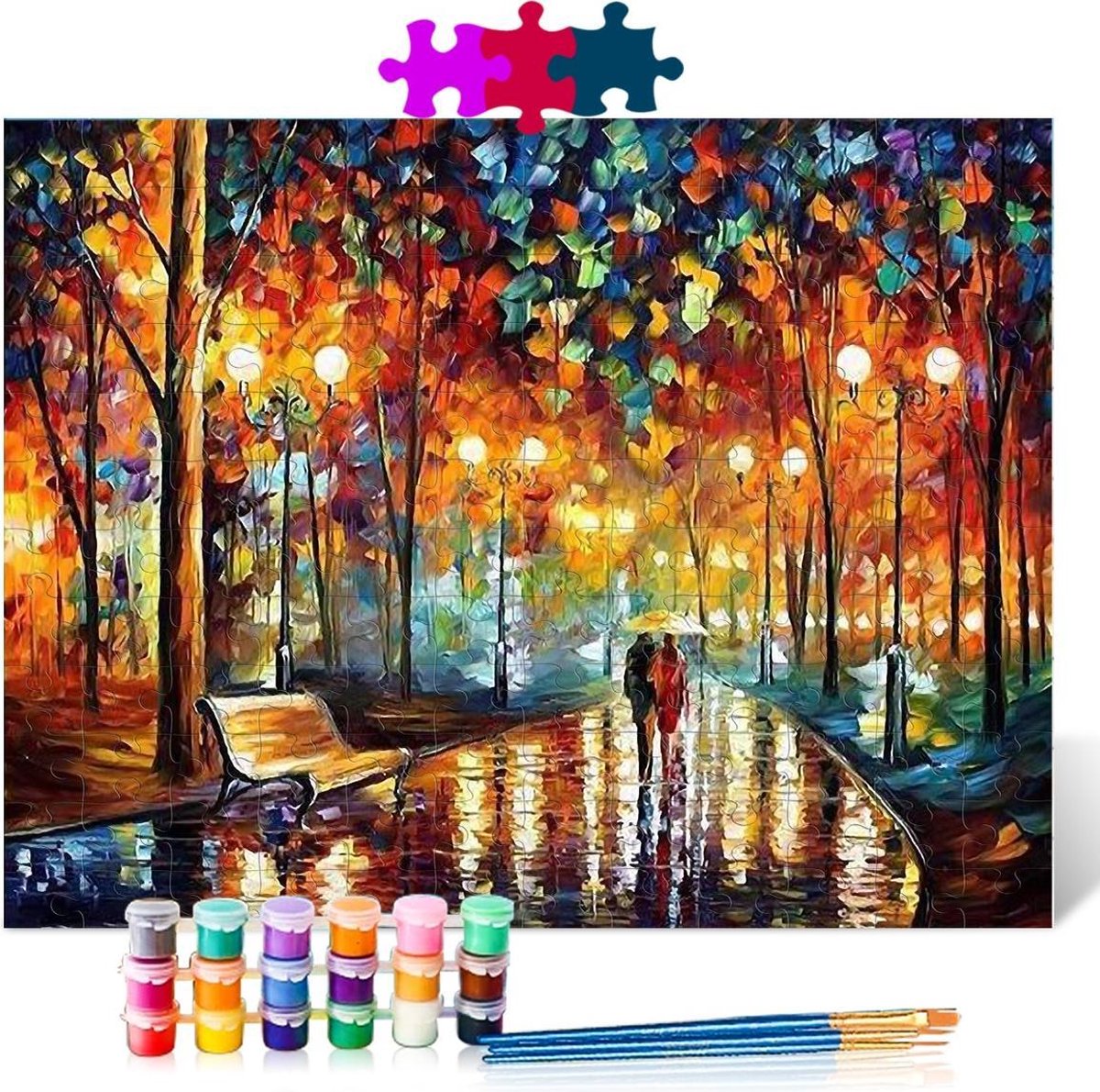 Lichtjes in de regen - Puzzel Schilderen op nummer - Houten puzzel - 500 stukjes - 38x52 cm