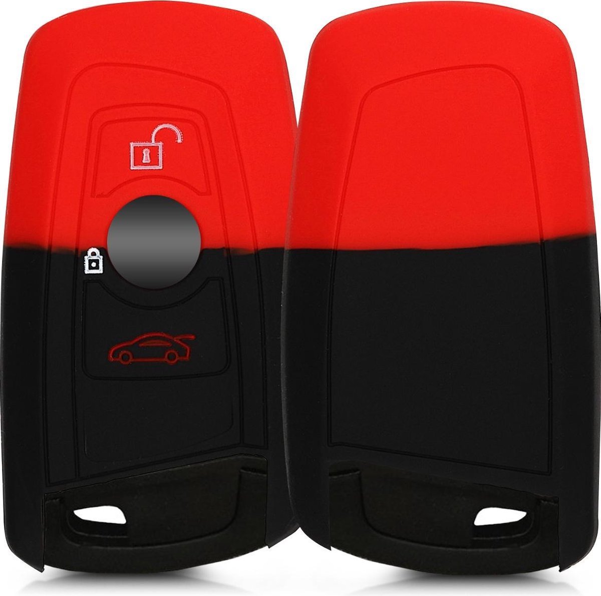 kwmobile autosleutelhoes voor BMW 3-knops draadloze autosleutel (alleen Keyless Go) - Siliconen beschermhoes in rood / zwart - Tweekleurig design