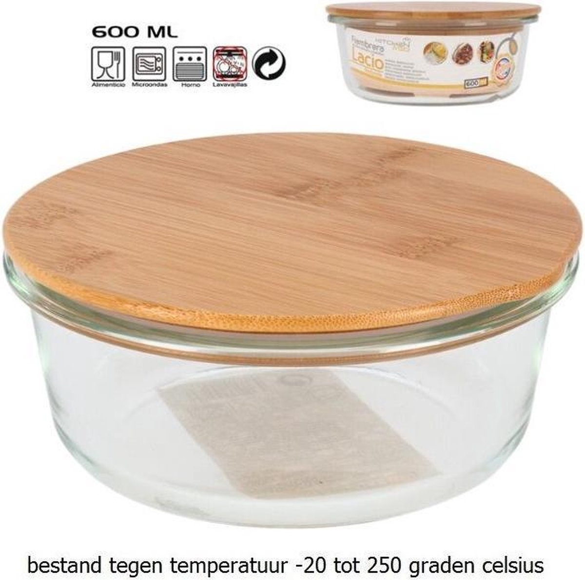 1x Glazen voorraad/vershoud bakje bamboe deksel rond 15