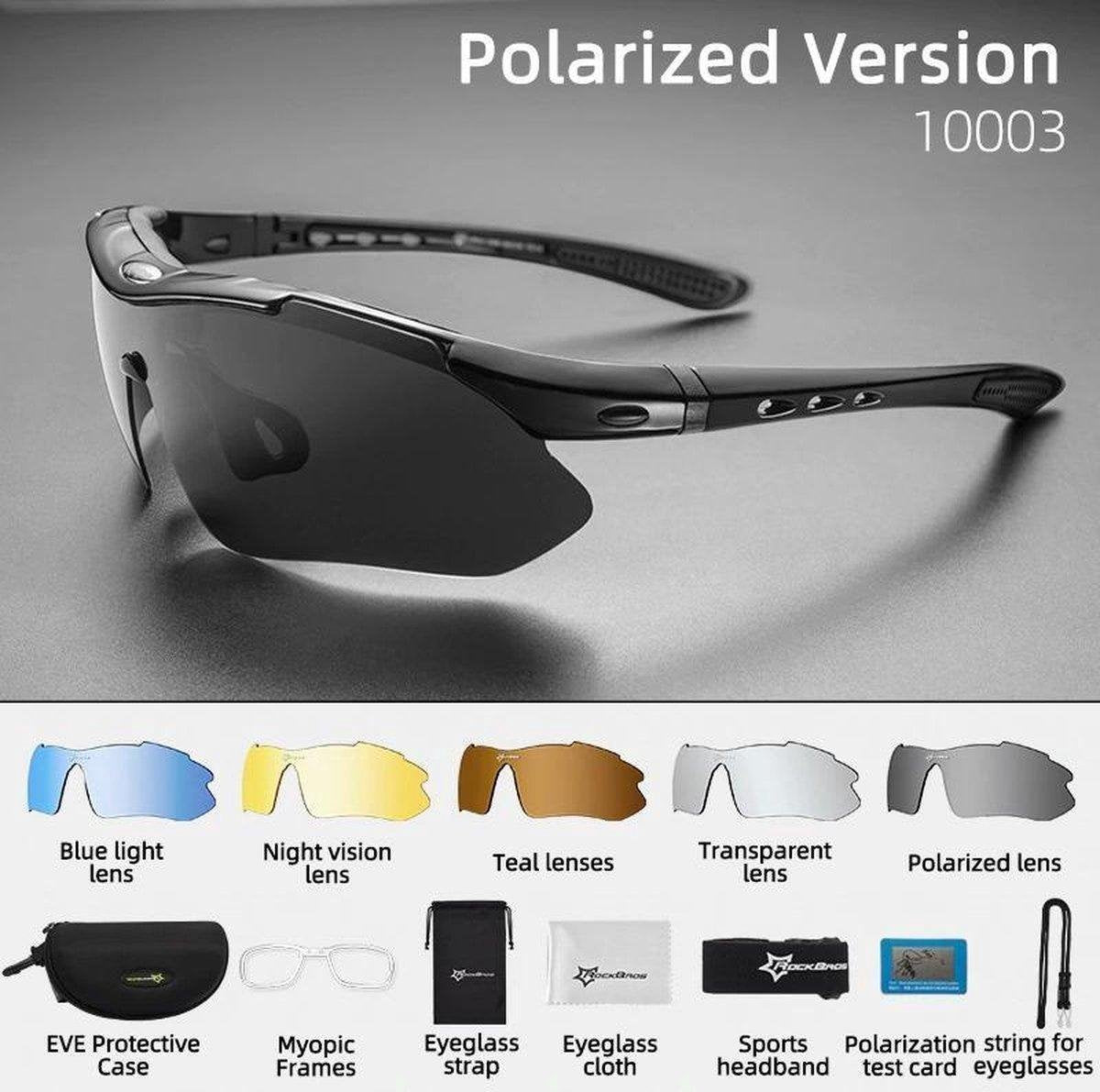 Rockbros - Fietsbril met 5 verschillende lenzen - Fietsbrillen heren - Polarized - UV400 Bescherming - Fietsbril dames - Fietsbrillen Unisex