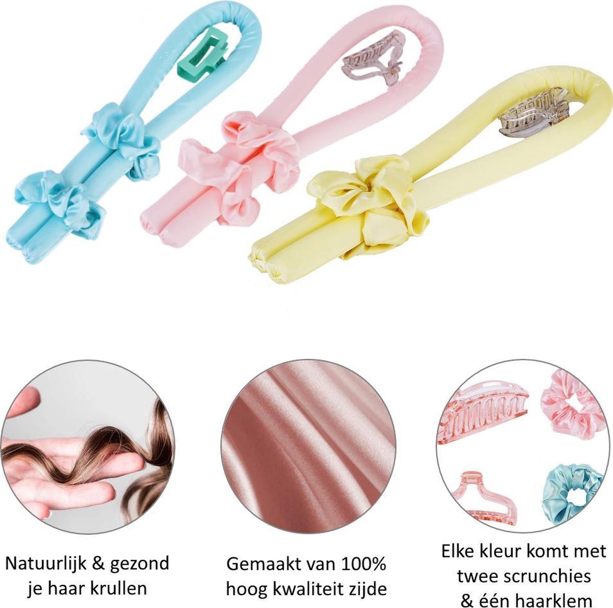 Heatless hair curlers - Heatless haarkruller satijn - Set van 3 - Blauw roze & geel - Satijnen haarkruller - Heatless curls - Gezond je haren krullen