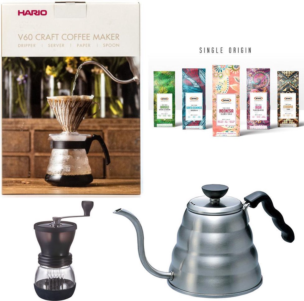 Hario V60 slow coffee starter kit + Hario Koffiemolen + Hario Waterketel 1