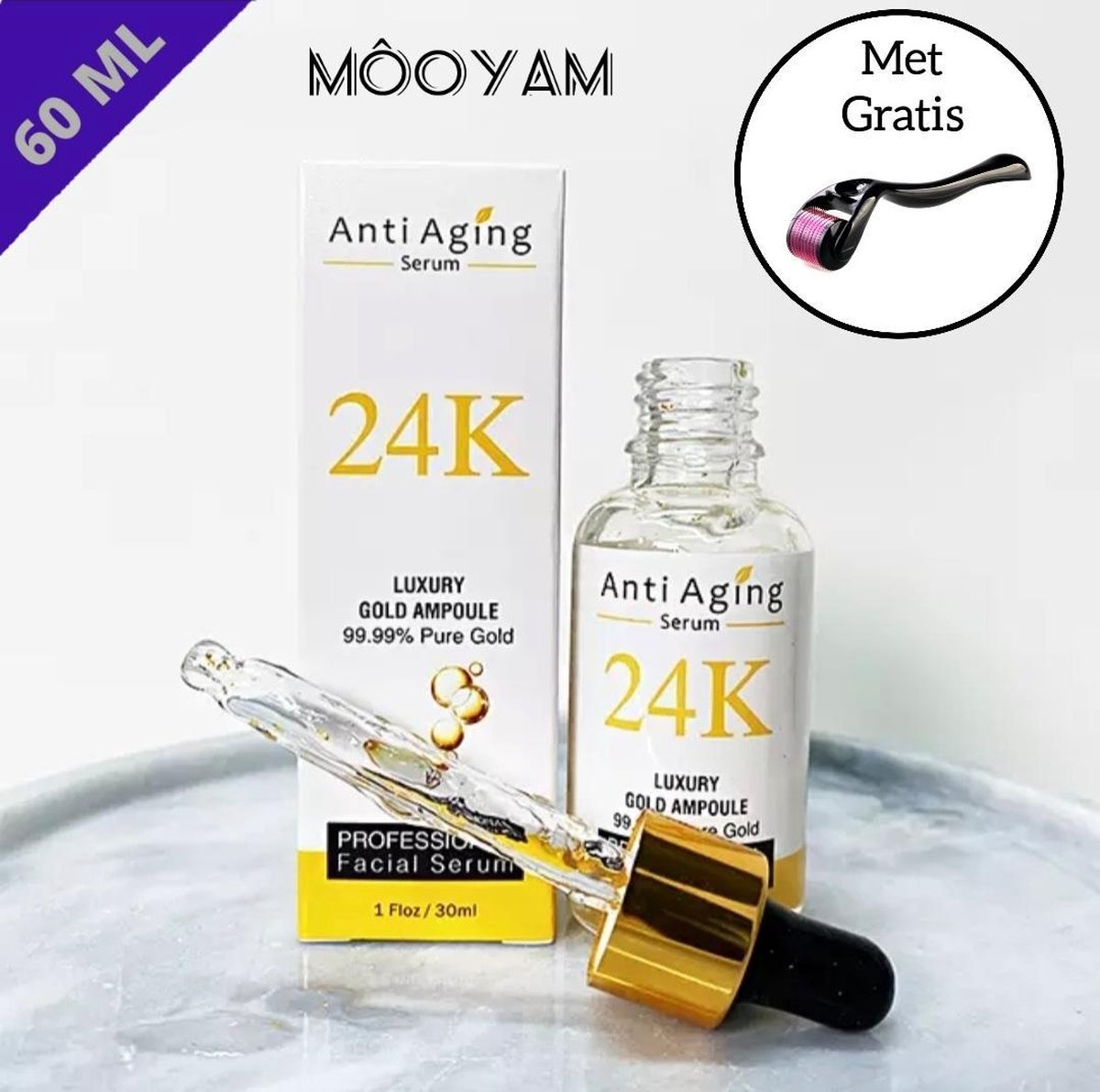 MÔOYAM 24K Puur Goud Gezicht Serum  - 24K Gold Serum - Gezichtsverzorging - Anti rimple - Hydraterend  - Retinol - Hyaluronzuur – Tegen Acne en Mee-eters - Tegen pigmentvlekken - 60ML - Met Gratis Masker & Derma Roller