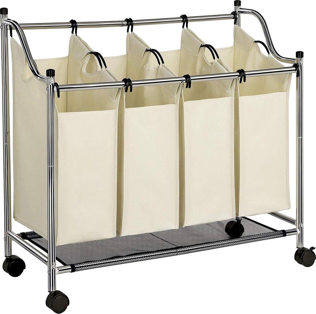 EKEO - Wassoorteerder met vier vakken - Beige - Stijlvolle wasmand op wielen - 87.5x38.5x81