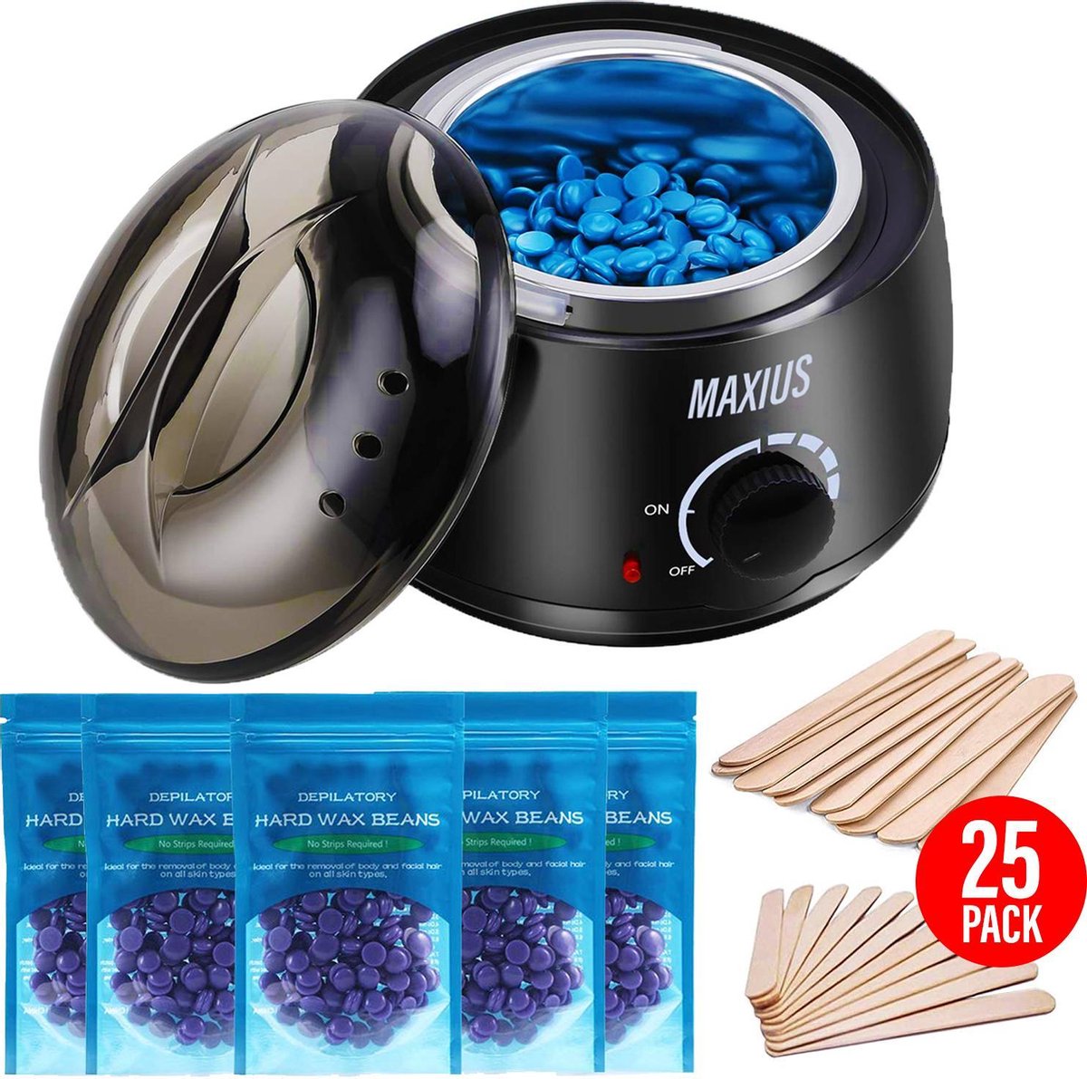 Maxius - Wax ontharen - 500 gr wax beans - 25 spatels - complete set - Zwart