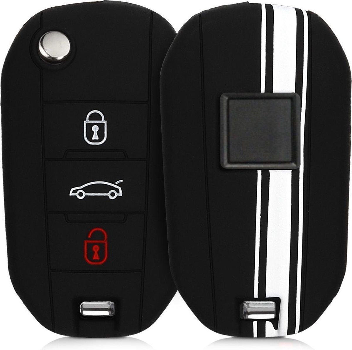 kwmobile autosleutelhoes voor Peugeot Citroen 3-knops inklapbarep autosleutel - Siliconen beschermhoes in wit / zwart - Rallystrepen design