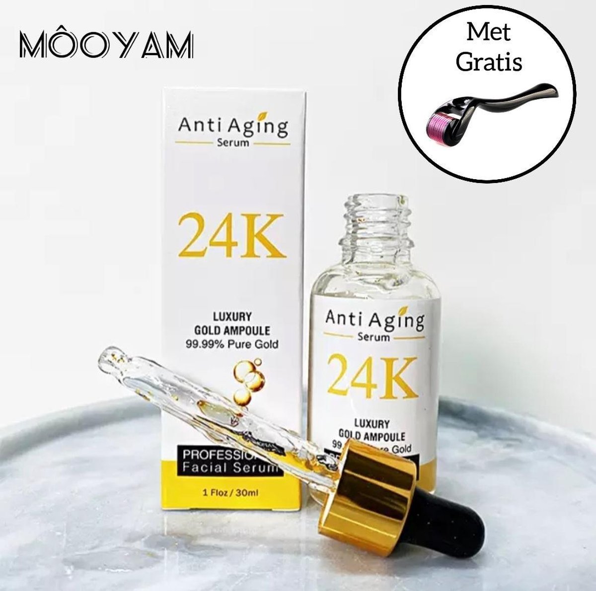 MÔOYAM 24K Puur Goud Gezicht Serum  - 24K Gold Serum - Gezichtsverzorging - Anti rimple - Hydraterend  - Retinol - Hyaluronzuur – Tegen Acne en Mee-eters - Tegen pigmentvlekken - Met Gratis Masker & Derma Roller
