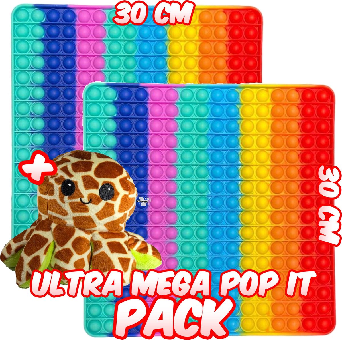 Ultrasativa® - 3 Pack - Pop It XXL - Pop It - 30X30 - Mega Pop It - 2 Pop It Mega Groot - Mood Knuffel - Mood Octopus Knuffel - Giraffe - Regenboog - Regenboog Pop It - Fidget - Fidget Toys - Tiktok Trend - Rond - Ronde Pop It