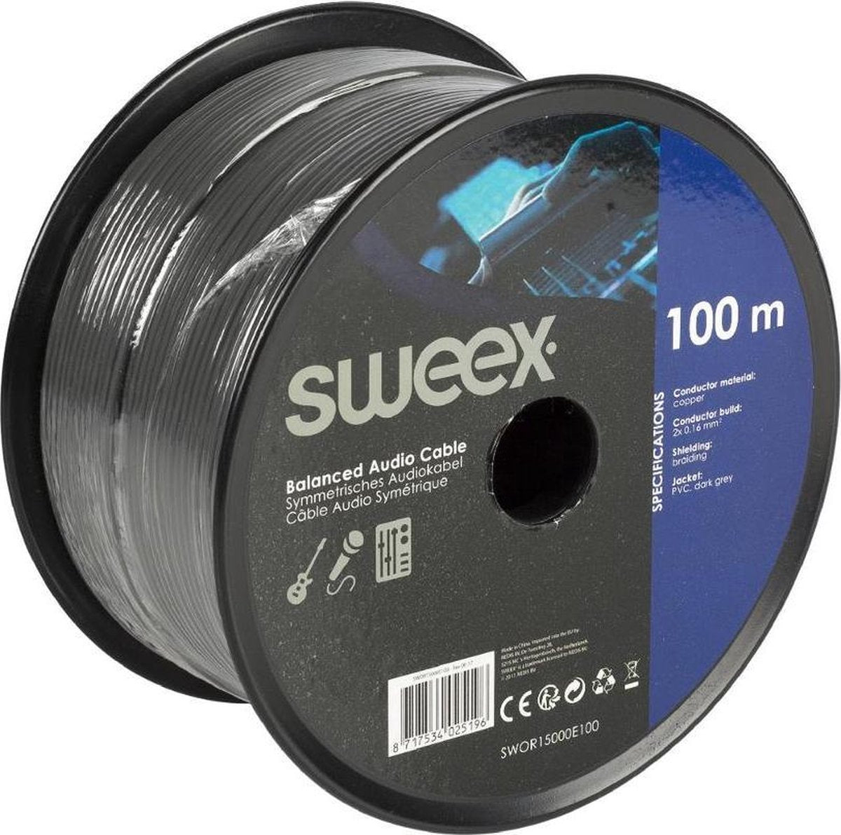 Stereo Audio Cable on Reel 100 m Dark Grey