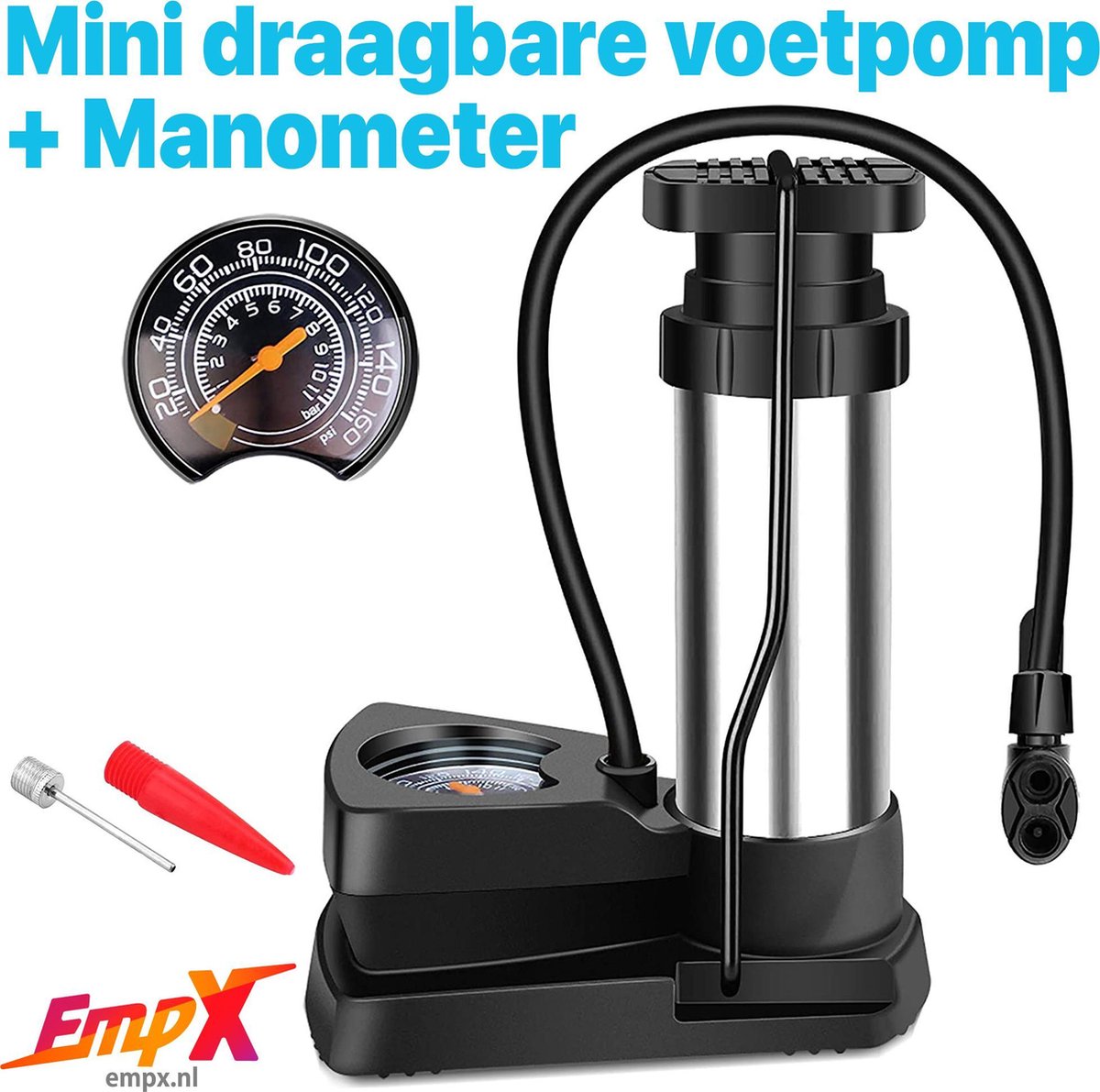 Mini voetpomp met manometer - Dunlop- Presta en schrader ventielen - Fietspomp - Compact - Draagbaar