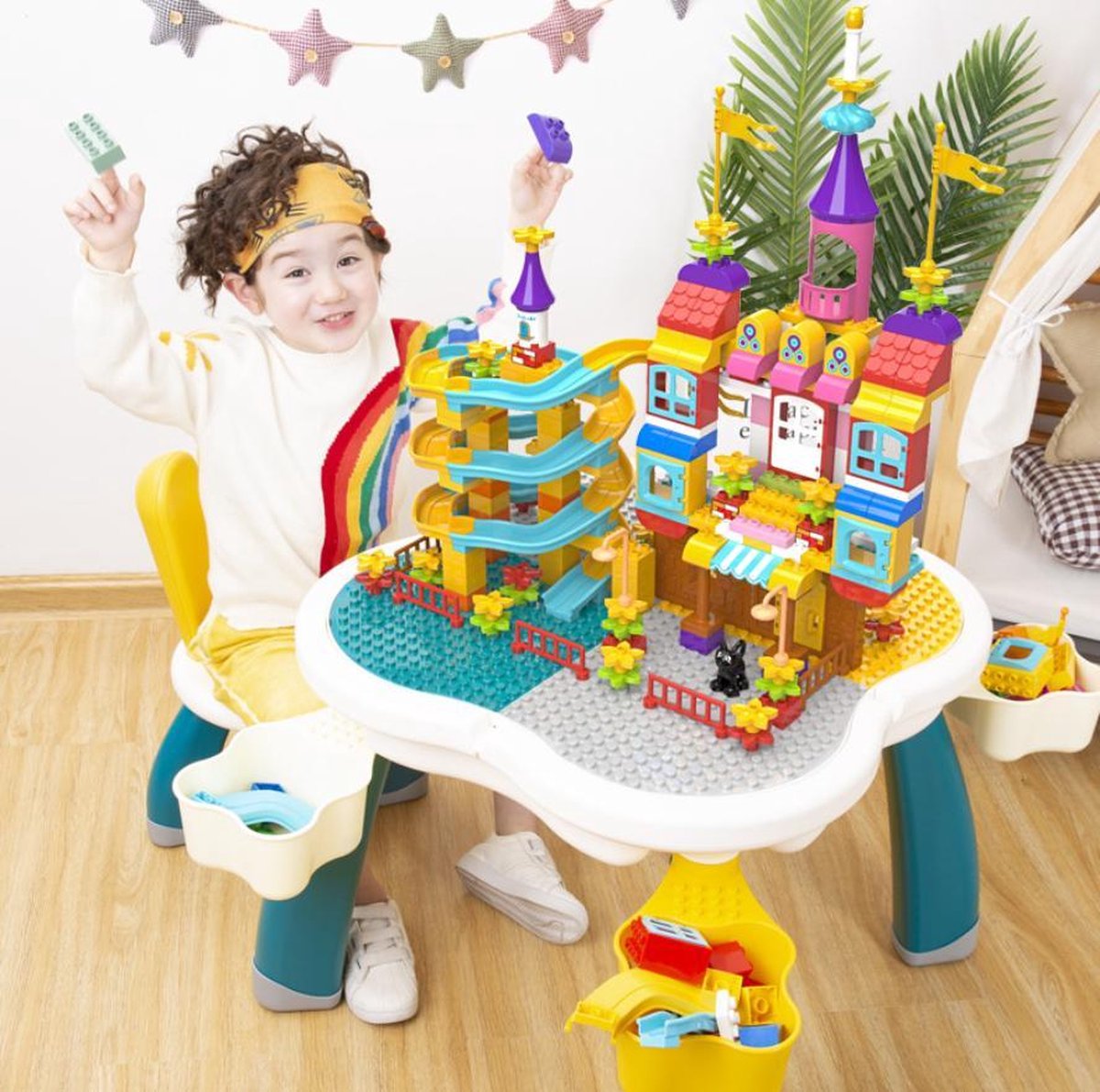 Schattige extra grote bouwtafelset - Stevige & Stabiele + 1 Bunny stoel + 4 Opbergdozen - Speeltafel Kinderen