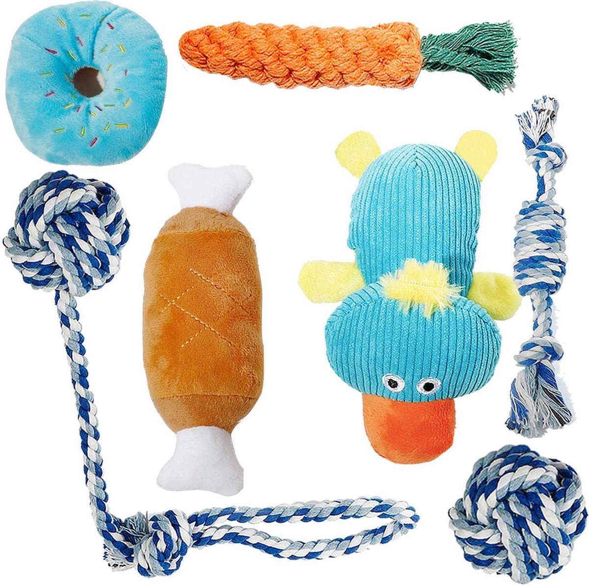 EverestPeak ® Hondenspeelgoed voor Puppy inclusief Knuffel- Duurzaam cadeau- 7 Speeltjes- 32x20x9cm- Katoen