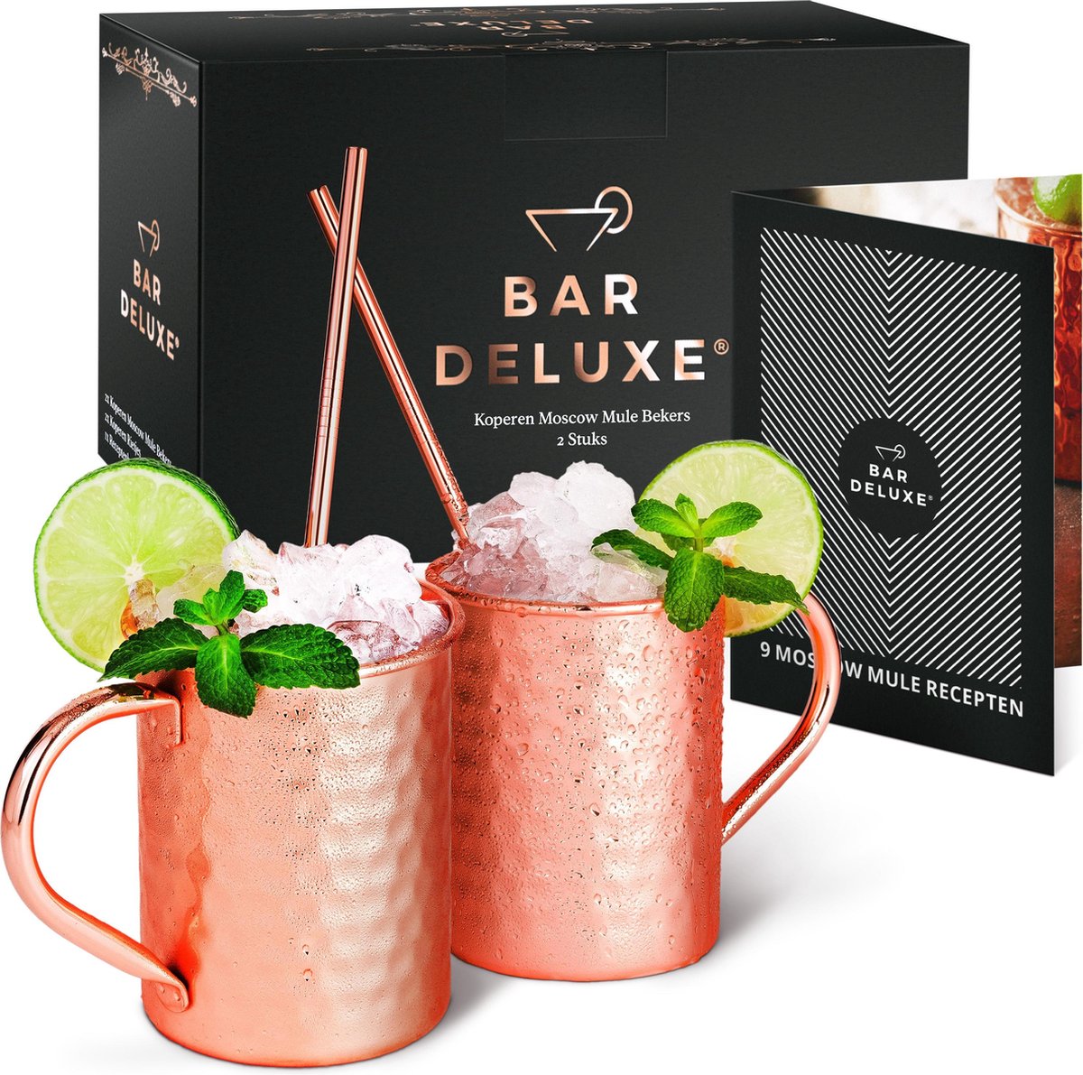 Moscow Mule Bekers van BarDeluxe® - 2 Stuks - Handgemaakt - Koperen Bekers - Roestvrij - 400ml - Inclusief 2 Koperen Rietjes en Receptenboek - Luxe Verpakking