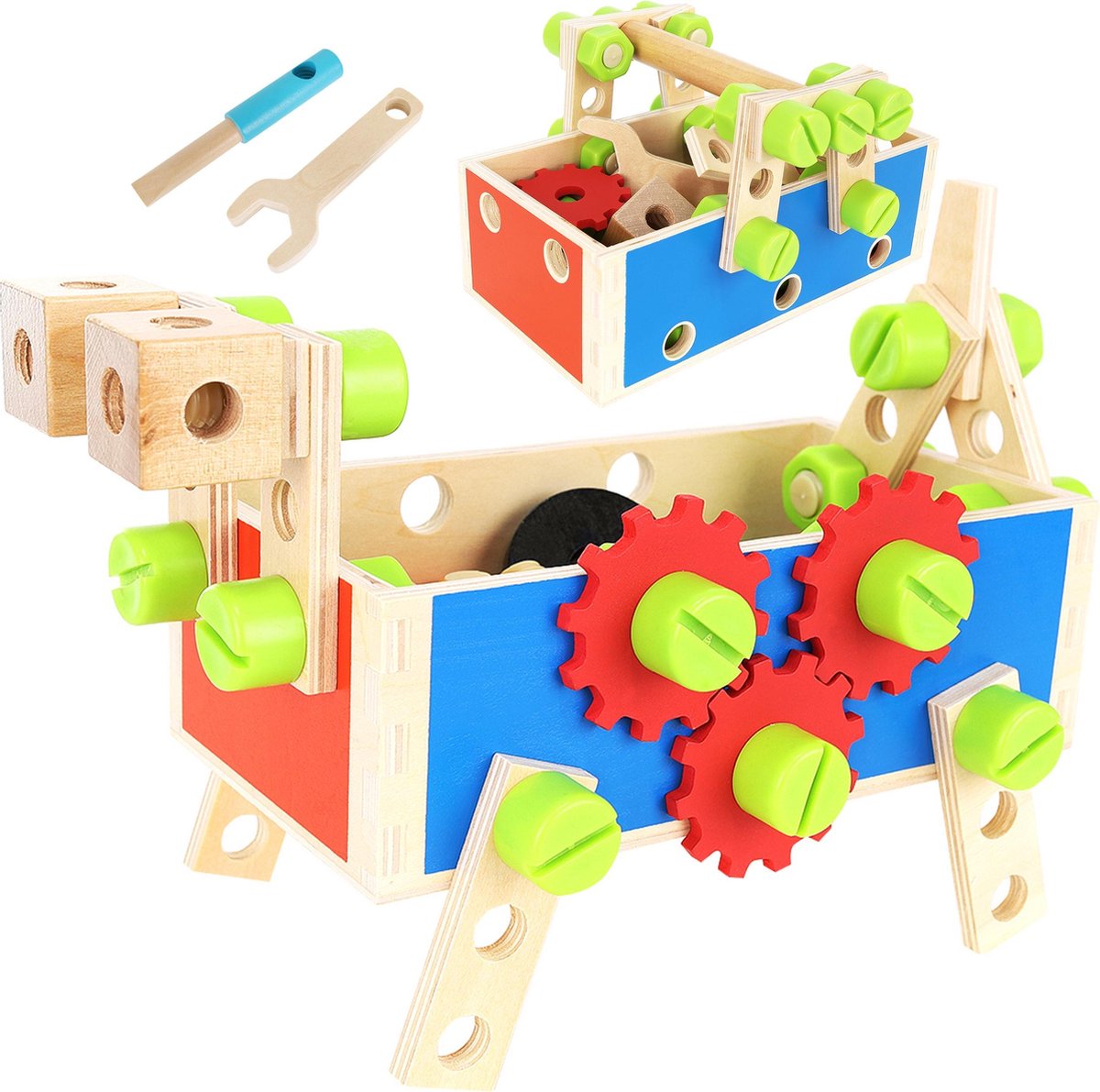 Houten Gereedschapskist - Speelgoed Gereedschap - Speelgoed Klussen - Gereedschapskist voor kinderen van hout met accessoires - Ambachtelijke set voor kinderen - Speelgoedgereedschap - Gereedschapsblokken