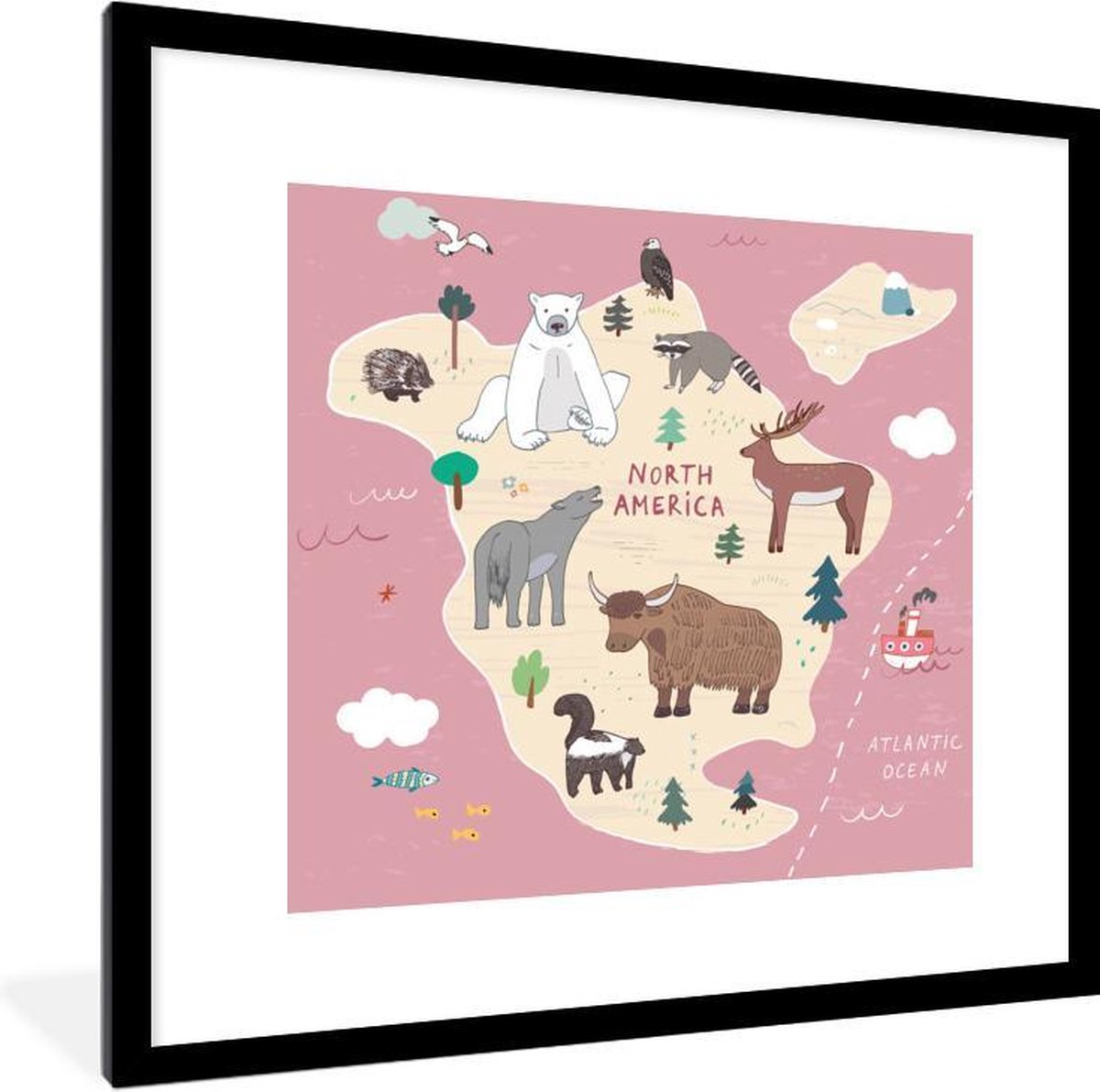Wereldkaart kinderen - Dieren - Roze