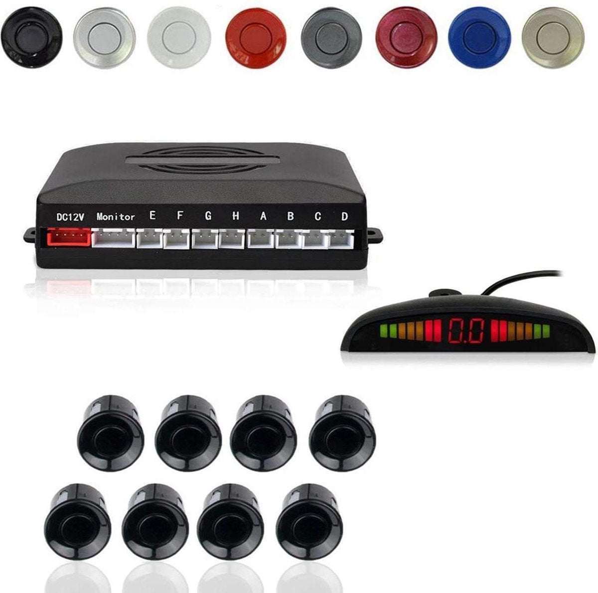 CoCar auto achteruitrijwaarschuwing parkeerhulp 4 sensoren parkeerassistent parkeersysteem PDC + LED-displays + akoestische waarschuwing - zwart