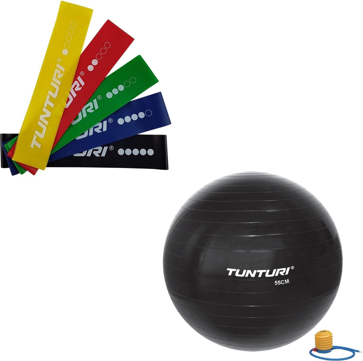 Tunturi - Fitness Set - Weerstandsbanden 5 stuks - Gymball Zwart 55 cm