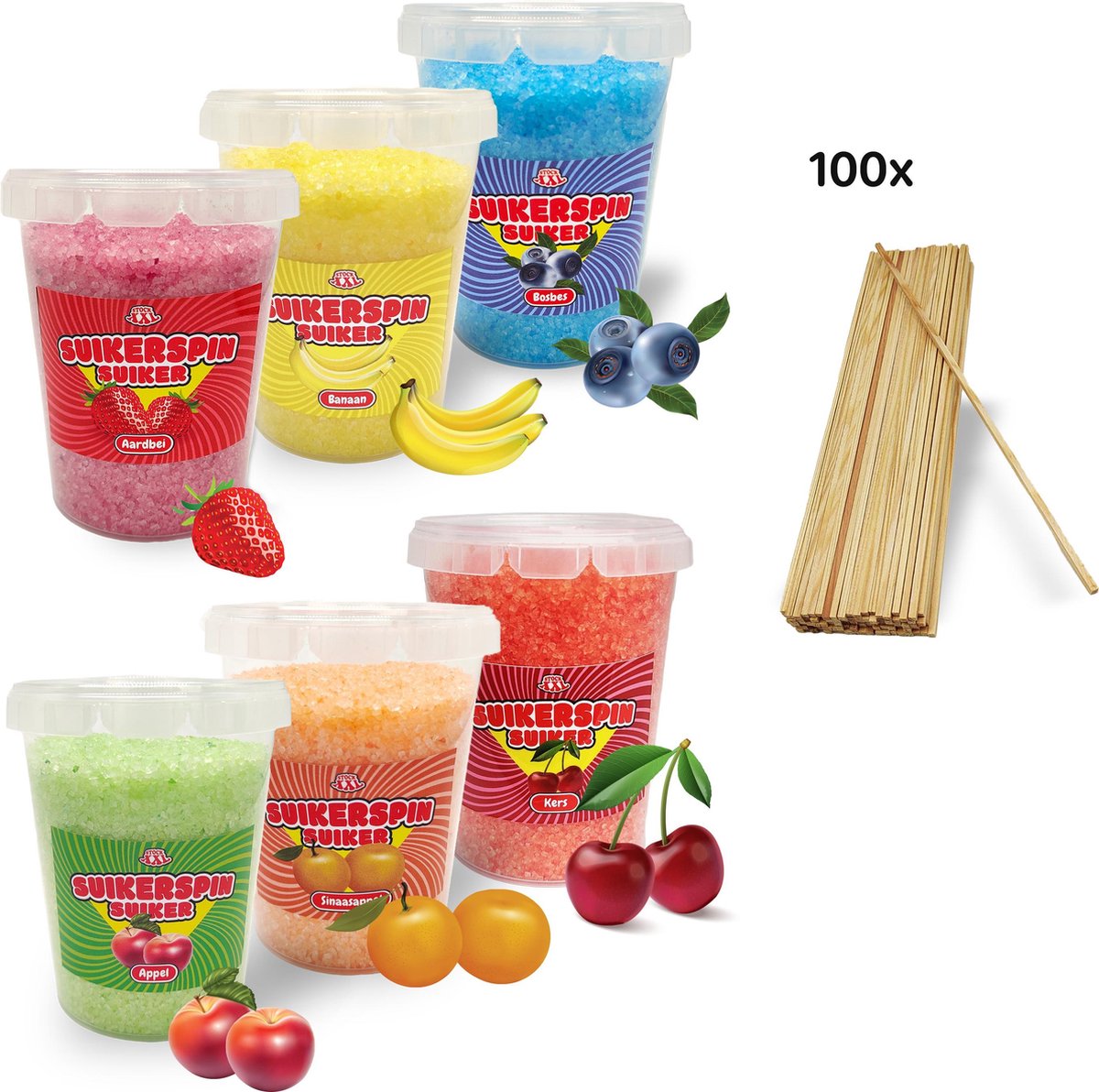 Suikerspin Suiker - Aardbei – Banaan – Bosbes – Appel – Sinaasappel – Kers incl. ± 100 suikerspin stokjes - 6 potten x 400 gram