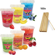 Suikerspin Suiker - Aardbei – Banaan – Bosbes – Appel – Sinaasappel – Kers incl. ± 100 suikerspin stokjes - 6 potten x 400 gram
