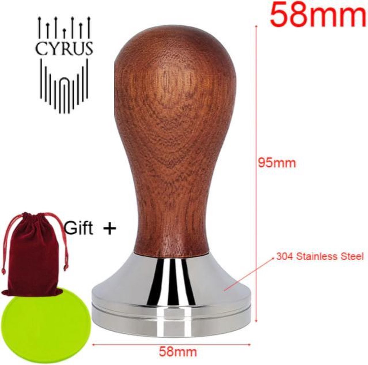 Cyrus Tamper rvs 58mm houten handvat - barista tools - cyruscoffee - stamper + gift