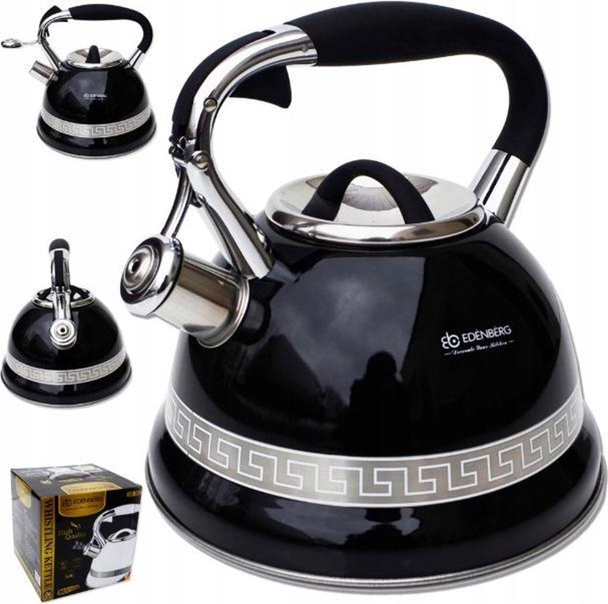 Edënbërg Black Line - Luxe RVS Fluitketel - 3.0 liter -  zwart