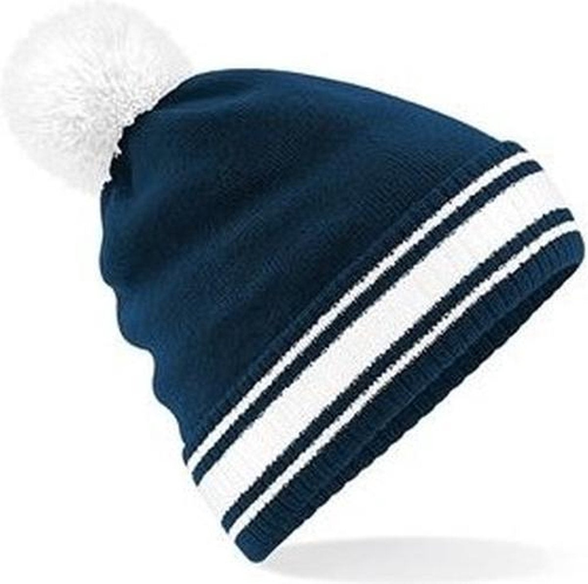 Navy/witte beanie muts met pompon voor heren