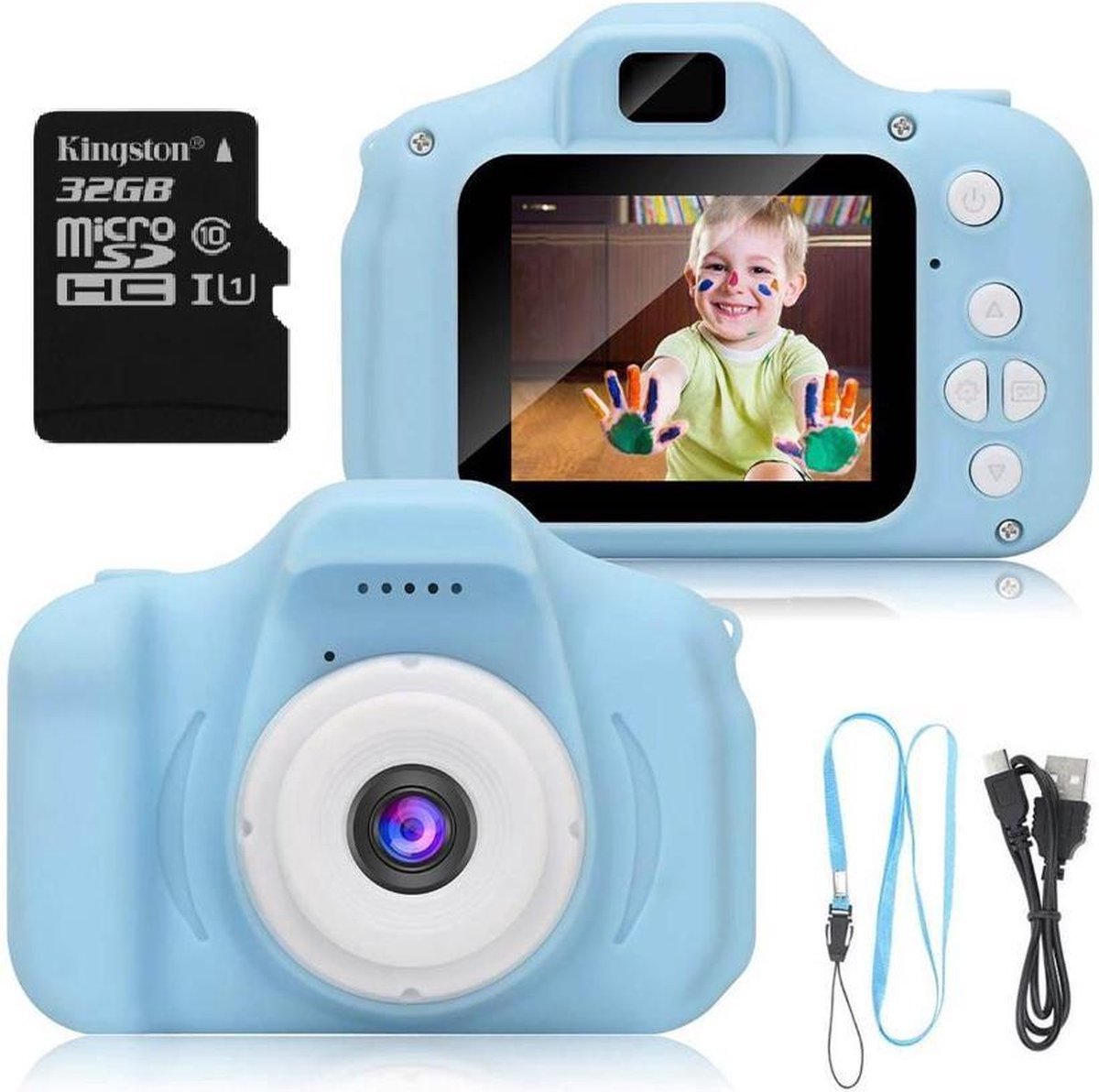 Digitale kindercamera blauw / met videofunctie / incl. handig keycord / incl. Kingston 32GB MicroSD kaart