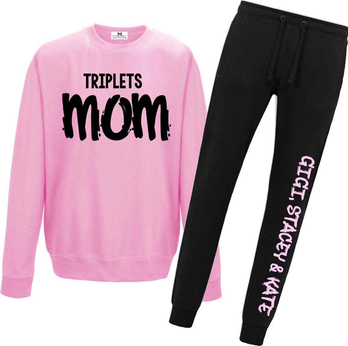 Joggingpak dames-Triplets mom met namen op de joggingbroek-drieling-roze-zwart-Maat Xl